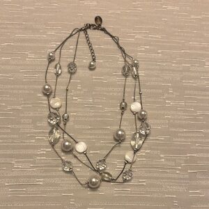 White House Black Market Layered Pearl & Crystal Necklace - White/Silver